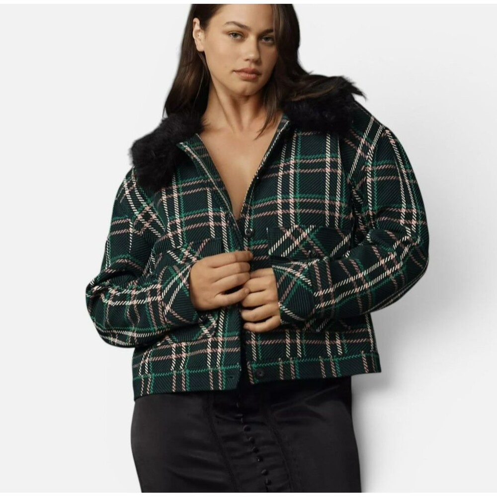 Maeve Anthropologie Crop Plaid Faux Fur Collar Coat Green Pink Jacket Large